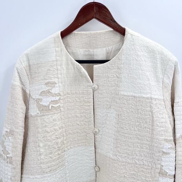 Vintage Custom OOAK Cream Quilted Patchwork Blazer Jacket Womens XL - Picture 2 of 9